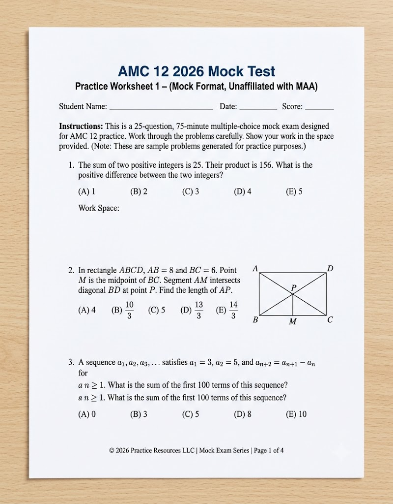 AMC 12 Practice Test 2026 [UPDATED] Mock Test / Worksheet PDF Banner