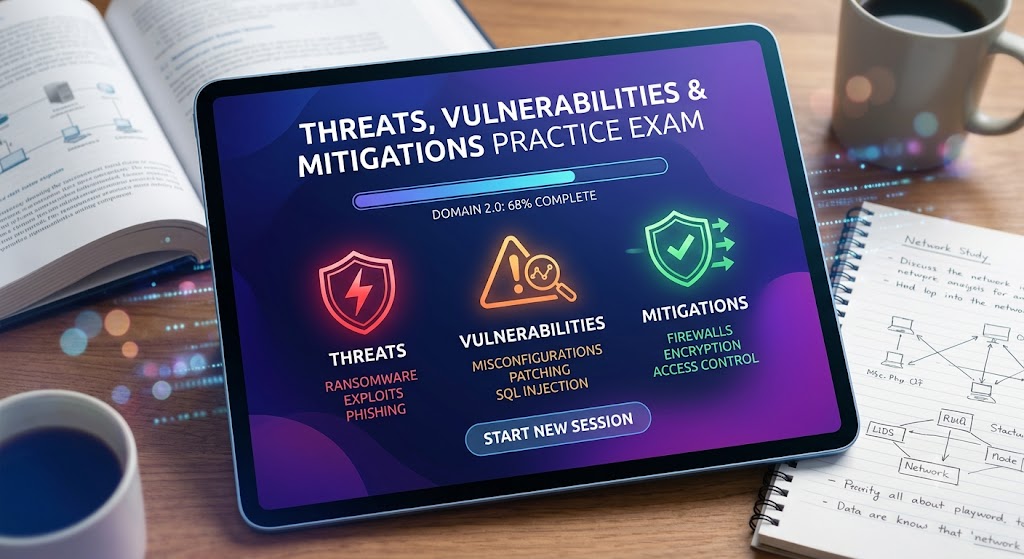 Ensure your readiness for the Threats, Vulnerabilities, and Mitigations Assessment (Domain 2.0) Test with our study resources. Utilize flashcards and multiple-choice questions, complete with hints and detailed explanations to ace your exam! Banner