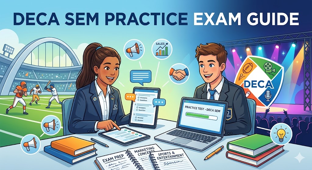 DECA Sports and Entertainment Marketing Practice Exam Banner
