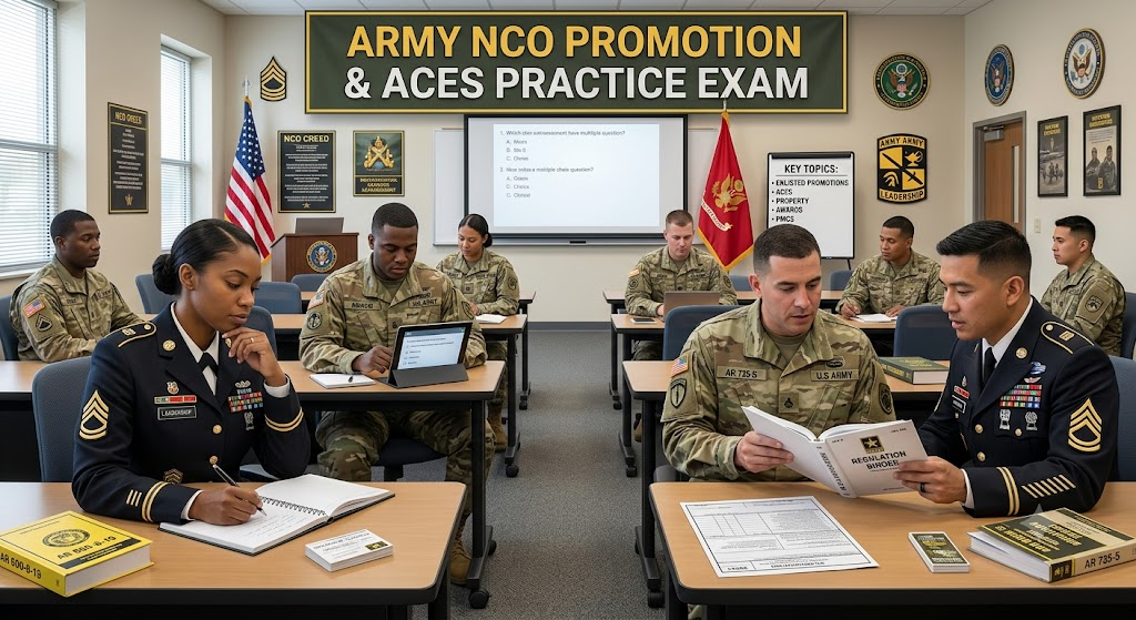 1SG Smith – Enlisted Promotions & Demotions, Army Continuing Education System, Property Accountability, Military Awards, PMCS Practice Test Banner