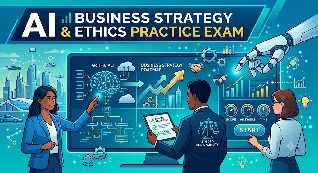 AI, Business Strategy, and Ethics Practice Exam Banner