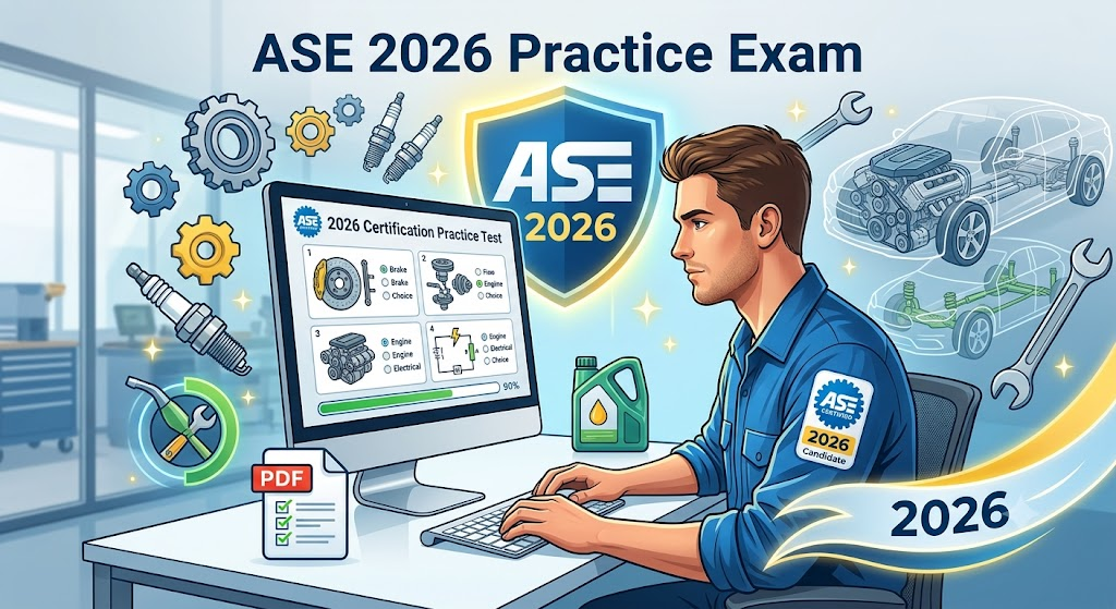 ASE Practice Test 2026 With Study Guide [PDF] Automotive Service Excellence Banner