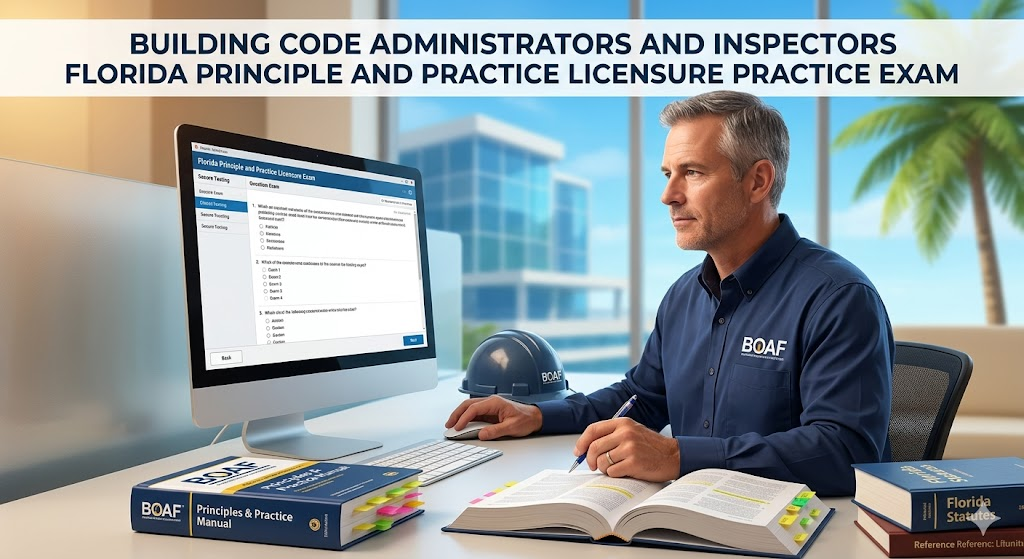 Building Code Administrators and Inspectors Florida Principle and Practice Licensure Practice Exam Banner