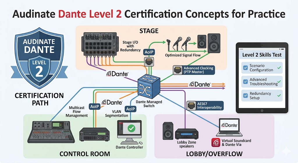 Digital Audio Network Through Ethernet (DANTE) Level 2 Practice Exam Banner