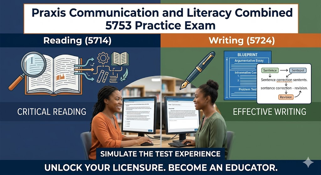 Praxis Communication and Literacy Combined 5753 Practice Test 2026 | Exam Prep Questions Banner