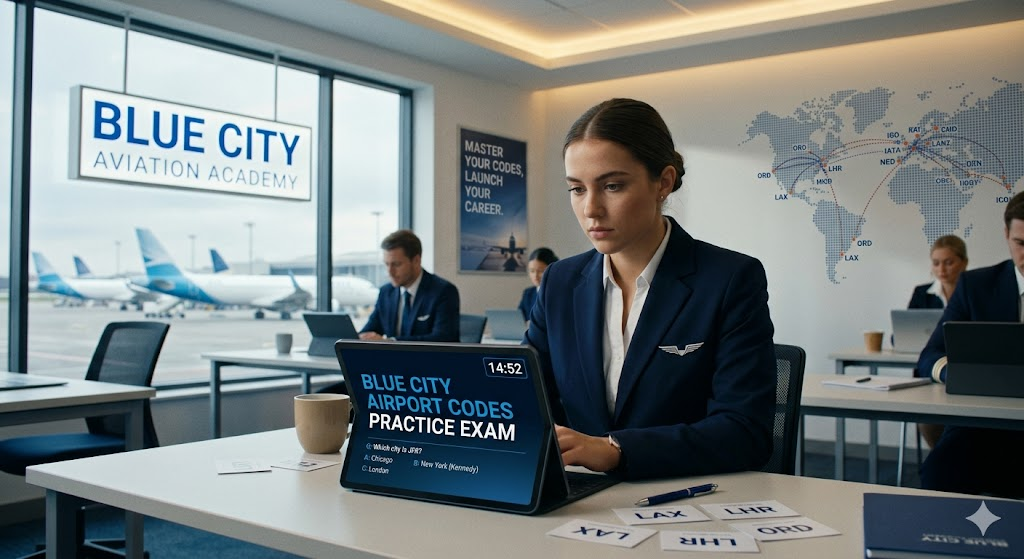 Blue City Airport Codes Practice Test Banner