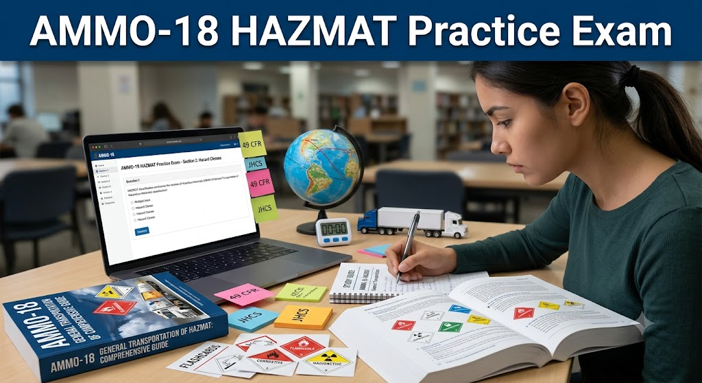 AMMO-18 General Transportation of Hazardous Materials (HAZMAT) Practice Exam Banner