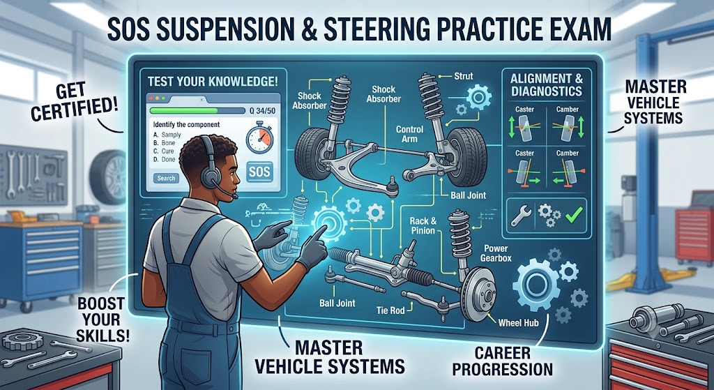 SOS Mechanic Certification – Suspension & Steering Practice Exam Banner