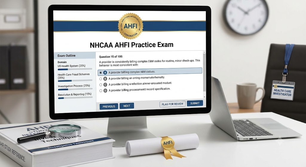 NHCAA Accredited Health Care Fraud Investigator (AHFI) Practice Exam Banner