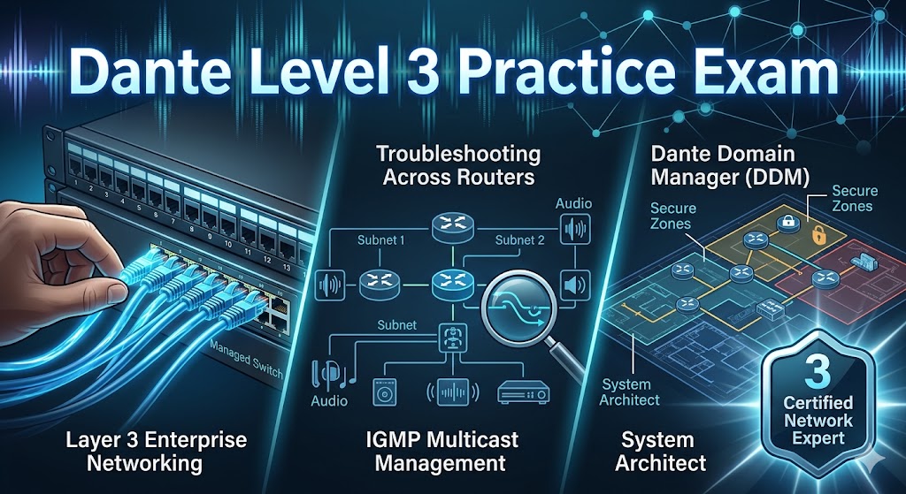 Digital Audio Network Through Ethernet (DANTE) Level 3 Practice Exam Banner