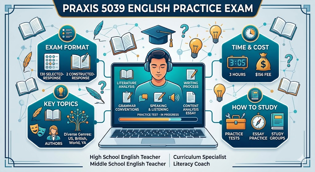 Praxis English Language Arts Content Analysis 5039 Practice Test 2026 | Exam Prep Questions Banner
