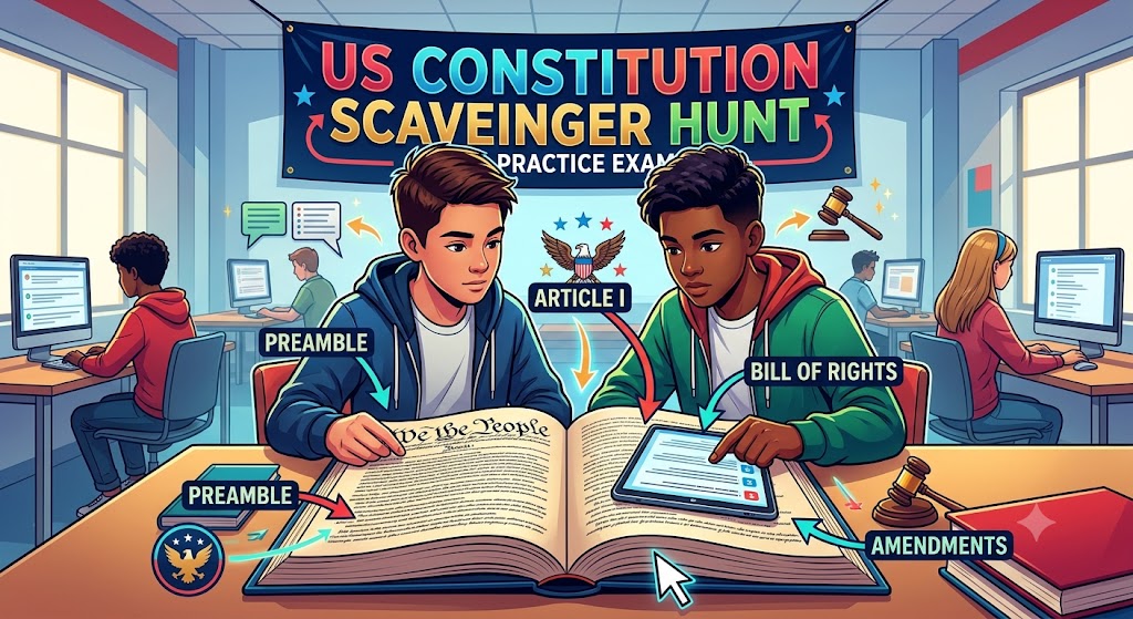 The U.S. Constitution Scavenger Hunt Practice Test Banner
