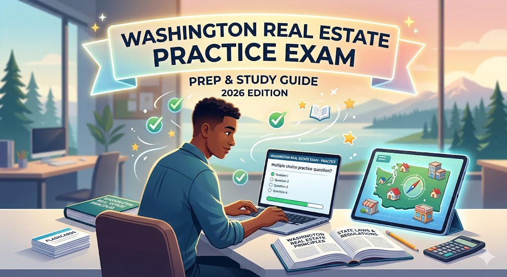Washington Real Estate Exam Prep 2026 | Real Estate Practice Questions Banner