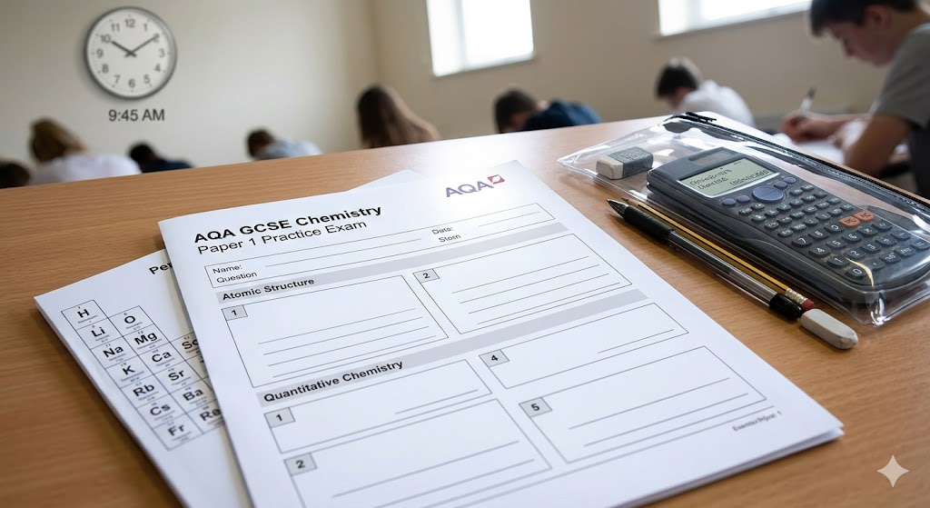 Assessment and Qualifications Alliance (AQA) GCSE Chemistry Paper 1 Practice Exam Banner