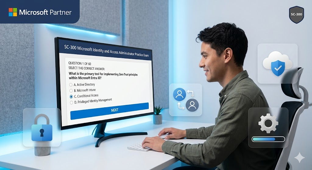 Microsoft Certified: Identity and Access Administrator (SC-300) Practice Exam Banner