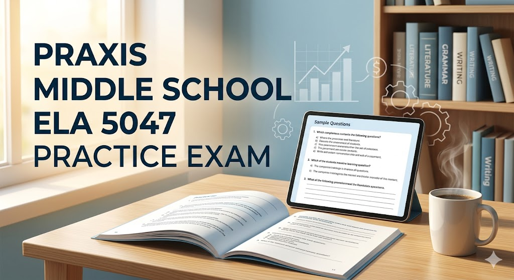 Praxis Middle School English Language Arts 5047 Practice Test 2026 | Exam Prep Questions Banner