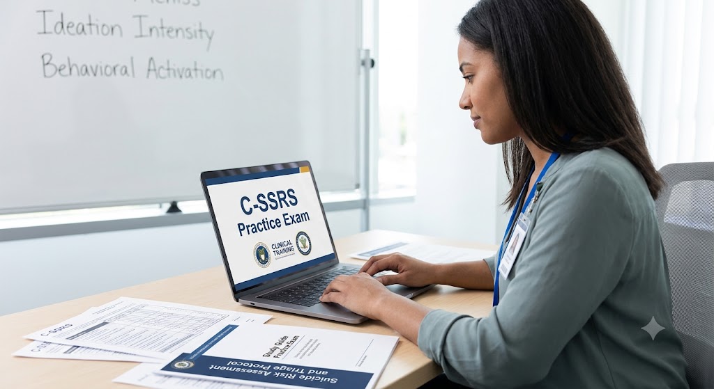 Suicide Risk Assessment using Columbia – Suicide Severity Rating Scale (C-SSRS) Practice Exam Banner